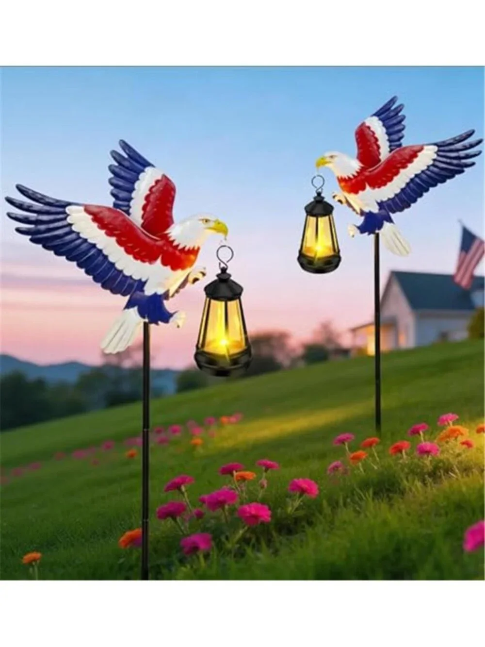 2 Pack 4th of July Decoration Solar Light Solar Eagle Garden Lights with Lantern